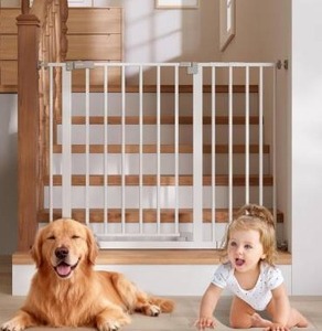 lot 8568 image: InnoTruth 29.5x40.75 Baby Gate for Stairs, 30 Tall Dog Gates for Doorways &amp Hallways, Safety Gate for Kids &amp Pets, Pressure-Mounted Walk-Through with Dual Lock &amp 2-Way Swing, White