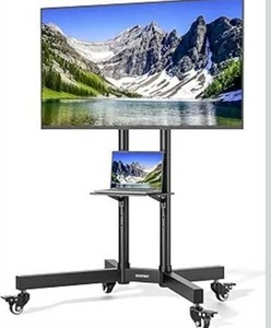 lot 8574 image: Heavy-Duty Rolling TV Stand for 32x85 Screens Supports 187 lbs (154 lbs TV  33 lbs Shelf), Stable Mobile TV Cart with Storage Tray &amp Locking Wheels, Floor TV Stand, Max VESA 600x400, Black