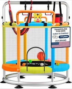lot 8577 image: Trampoline for Kids with Safety Enclosure Indoor and Outdoor Toddler Trampoline for Kids Anti Rollover Round Base Double Safety Handles 440 lbs Capacity ASTM Tested Easy Assembly Gift