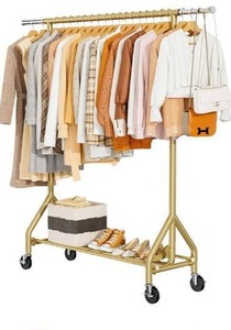 lot 8579 image: Heavy Duty Clothes Rack Load 450 LBS, Metal Garment Rack, Standing Rolling Clothing Rack for Hanging Clothes with Sturdy Wheels & Shelves, Portable Closet Wardrobe Rack,Gold