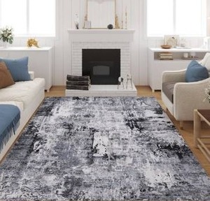 lot 8586 image: Rugcomf 9x12 Washable Boho Rug - Soft, Non-Slip, Non-Shedding Faux Wool Vintage Rug for Living Room, Dining Room, Kids Playroom, Indoor - Grey and Black