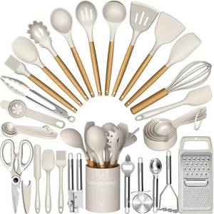 lot 8608 image: Cooking Utensils Set- Umite Chef Khaki Silicone Kitchen Utensils Set, 34PCS Heat Resistant Kitchen Gadgets Tools Set with Grater, Wooden Handle Kitchen Spatula Set for Nonstick Cookware