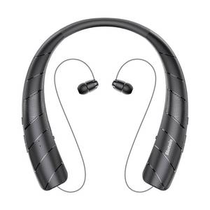 lot 8617 image: Neckband Bluetooth Headphones Speaker 2 in 1 Wireless Wearable Speaker with Retractable Earbuds, 15Hrs Playtime, Portable Speaker and Headset wBuilt in Mic for Home, Office and Outdoors (Black)