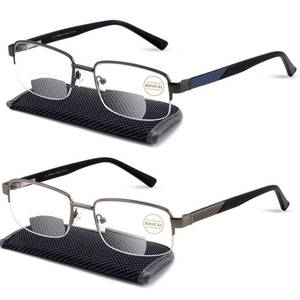 lot 8629 image: Missfive 2-Pack Mens Premium Bifocal Reading Glasses Blue Light Blocking, Computer Readers Metal Frame with No Broken Spring Hinge, FarNear Dual-use Eyeglasses 1 Blue & 1 Gun-Silver, 1.5x