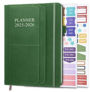 lot 8637 image: Planner 2025-2026 - 18 Months Academic Planner 5.8 x 8.5, 2025-2026 Weekly & Monthly Agenda with Pen Holder, Vegan Leather Hard Cover, Green