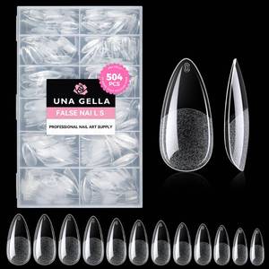 lot 8651 image: UNA GELLA Almond Gel Nail Tips, 504PCS Pre Etched Clear Fake Nails Tips Medium Almond Shape - 12 Sizes Full Cover Soft Acrylic Press On Nail Extensions No C Curve Gift for Diy at Home
