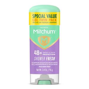 lot 8652 image: Mitchum Womens Antiperspirant Deodorant Gel Stick, Shower Fresh Scent, 48HR Sweat &amp Odor Protection, Triple Odor Defense, Alcohol-Free, 3.4 oz (Pack of 2)