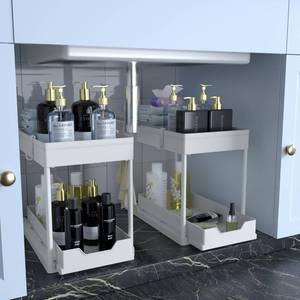lot 8696 image: DEKAVA Cabinet, 2 Pack Under Sink Organizer, 2 Tier Sliding Bathroom Kitchen Organizer, Large White ABS Baskets, Easy Install & Clean