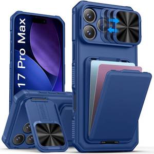 lot 8699 image: SSLOTSCASE for iPhone 17 Pro Max Case with Stand & Credit Card Holder & Sliding Camera Cover & Camera Stand & Wallet, Rugged Silicone Edge Protective Case Cover for iPhone 17 Pro Max 6.9 2025, Blue