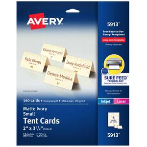 lot 8730 image: Avery Printable Tent Cards with Sure Feed Technology, 2 x 3.5, Ivory, 160 Blank Place Cards for Laser or Inkjet Printers (5913)