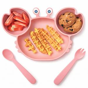 lot 8738 image: ROCCED Suction Plates for Baby, Silicone Plates with Suction Divided, Baby Spoon Fork Set for Toddler Baby Dishes Kids Utensils-Crab Pink