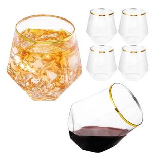 lot 8745 image: LUODA MirthMood 32 Pack Gold Plastic Stemless Wine Glasses, 12 Oz Disposable Diamond Shaped Wine Glasses, Clear Plastic Whiskey Glasses with Gold Rim for Spring Wedding,Birthday Party