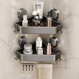 lot 8751 image: Mustorn Suction Cup Shower Caddy Corner, 2 Pack Suction Corner Shower Shelves No Drilling, Rustproof Shower Organizer Suction Cup with Towel Holder & Hooks Removable Bathroom Storage Rack(Gray)