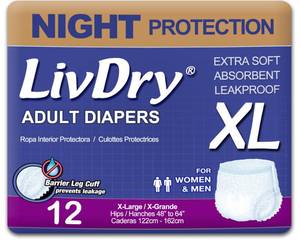 lot 8770 image: LivDry XL Overnight Adult Diapers for Women and Men, Incontinence Underwear, X-Large, 12-Pack