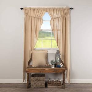 lot 8782 image: VHC Brands Farmhouse 84x36x18 Prairie Panel Pair Tan Rod Ties Window Curtains