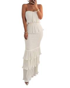 lot 8784 image: CHICME Long Bridesmaid Dresses for Women Shirred Ruffle Hem Layered Bandeau Wedding Guest Dress Formal Evening Party Dress White-S