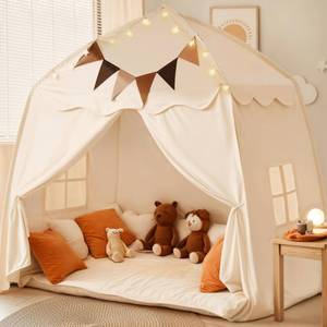 lot 8787 image: Extra Large Kids Play Tent with Flags & Star Lights, Portable & Foldable Teepee, Boys & Girls, Indoor Outdoor Dome Tent Playhouse, 59x39x59 in, Cream