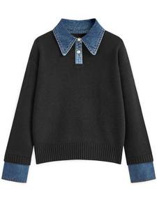 lot 8789 image: GUNEST Womens Oversized Sweater Vintage Denim Knit Button Down Polo Collared V Neck Tunic Sweaters Apricot Striped Black L