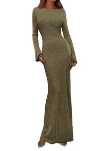lot 8797 image: PRETTYGARDEN Womens Fall Fashion 2026 Long Sleeve Maxi Dress Ribbed Knit Boat Neck Bodycon Casual Dresses Going Out Outfits (Army Green,Large)