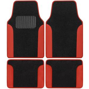 lot 8809 image: BDK Floor Mats for Cars, Two-Tone Carpet Car Floor Mats with Faux Leather Accents, Automotive Floor Mat Set with Built-In Heel Pad, Stylish Interior Car Accessories (Red)