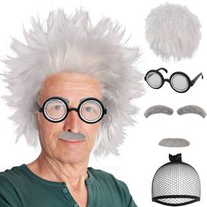 lot 8813 image: IMEYLE 6 Pcs Set Old Man Wig Adult EyebrowsBeardGlasses Mad Crazy Scientist Wigs Short Messy White Crazy Grandpa Cosplay Outfit 100 Days of School Wigs for Halloween Costume PartyWig Cap
