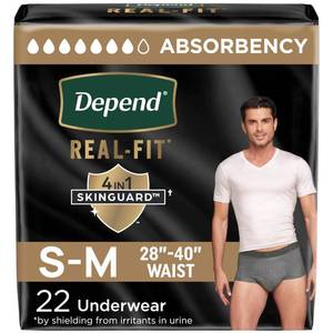 lot 8820 image: Depend Real Fit Adult Diapers, Incontinence Underwear for Men, Disposable, Maximum Absorbency, SmallMedium, Grey, 22 Count, Packaging May Vary