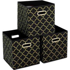 lot 8833 image: Yunkeeper Fabric storage bins Cubes, Fabric Cube Organizer with Handle, Foldable Cube Bins for Cloth or Accessary Storage, 11x11x11, Set of 3, (Black Gold)