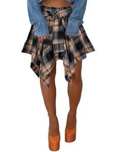 lot 8836 image: Summer Knot Skirts for Women Plaid Asymmetrical Hem High Waist Y2K Mini Short Skirt Yellow Orange S