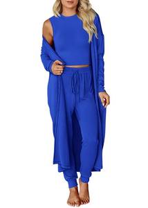 lot 8838 image: KIRUNDO 3 Piece Lounge Sets for Women Airport Travel Vacation Outfits Spring Cardigan Matching Sleeveless Top Jogger Pants(Blue, Large)
