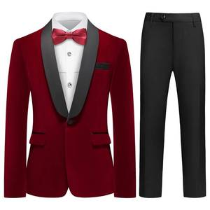 lot 8839 image: Lamgool Boys Velvet Tuxedo Suit 4 Piece Slim Fit Kids Formal Outfit Set with Burgundy Blazer Jacket Shirt Bow Tie Pant Size 16 for Wedding