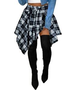 lot 8840 image: Womens Skirts for Summer Casual - Plaid Tweed High Waisted Skater Athletic A-line Asymmetrical Irregular Hem Black White XS
