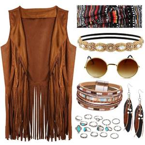 lot 8843 image: FEYIR 60s 70s Outfit for Women Hippy Accessories Fringe Hippie Vest Clothes for Halloween Disco Party Hippie Costume Set Brown S