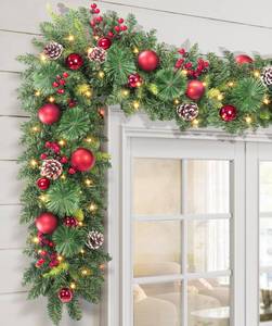 lot 8880 image: LAVEVE Pre-lit Christmas Garland 9FT with 100 Warm Lights, Battery Operated Xmas Garland with Pine Cedar Cones & Red Metal Ball, Christmas Decoration for Mantle Fireplace Stair Railing Porch