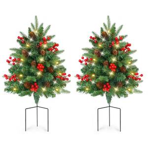 lot 8881 image: XmasExp Set of 2 Outdoor Christmas Tree with Lights Small Planter Bushes Battery Operated Artifical Urn Filler Outside Christmas Decorations for Front Porch,Yard,Pathway