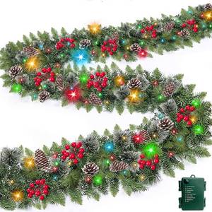 lot 8884 image: TURNMEON 9 Ft Prelit Artificial Christmas Garland Decor Timer 50 Lights 8 Modes Berry Snowy Bristle Pinecone Battery Operated Xmas Christmas Decoration Mantle Fireplace Home Indoor Outdoor