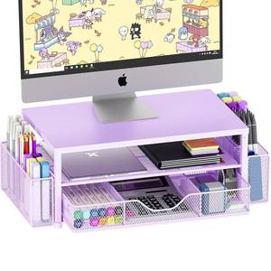 lot 8886 image: OPNICE Desk Organizers and Accessories, 2-Tier Computer Monitor Stand Riser with Drawer and 2 Pen Holders, Laptop Stand, Office Desk Accessories & Office Decor for Women, Purple