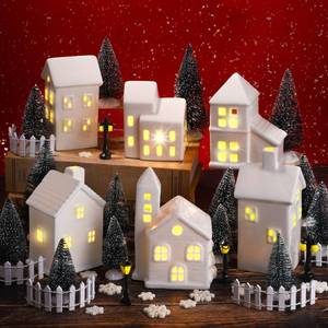 lot 14753 image: Fovths 39 Pieces LED Lighted Ceramic Winter Village Building Figurines and Accessories Desktop Ornament Set for Holiday Party Decor