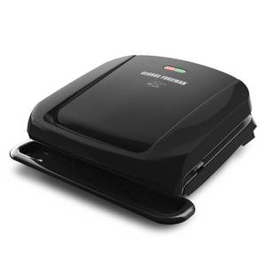 lot 14755 image: George Foreman 4-Serving Removable Plate Electric Grill and Panini Press, George Tough Non-Stick Coating, Drip Tray Catches Grease, Black