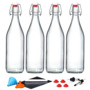 lot 14759 image: 4 Pack 1 Liter  33 fl. oz. Swing Top Glass Bottles w Airtight Stopper Lids Flip Top Brewing Bottle for Fermentation, Kombucha, Mead, Vinegar, Beer, Kefir, Wine With 4 Extra Seals &amp 2 Pourers