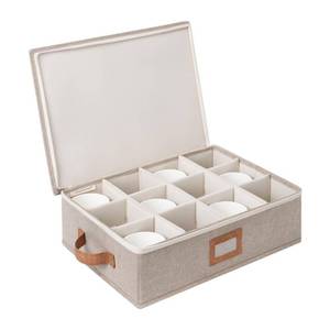 lot 14760 image: StorageWorks China Storage Container, Stackable Mug Storage Box with Dividers, Stemware Storage Cases, Hard Shell China Cup Organizer, Holds 12 Tea Cups and Coffee Mug, 1 Pack, Brown and Beige