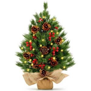 lot 14767 image:  8 Modes & Timer 24 Inch Realistic Tabletop Christmas Tree Small Christmas Tree with 50 Warm Lights Battery Operated Red Berries Pine Cone Burlap Base Indoor Home Table Christmas Decorations