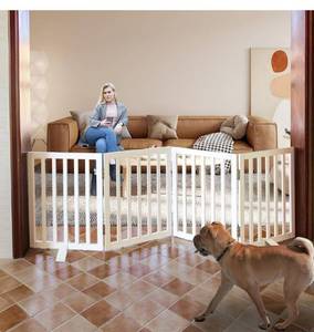 lot 9242 image: Dog Gate Indoor, Freestanding Dog Fence for The House, Doorways, Hallways,or Stairs,Pet Gate Foldable Wooden,Expandable 24 Height 4 Panels,White