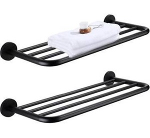 lot 9247 image: 30 Inch Towel Rack with Towel Bar Holder, 2-Tier Stainless Steel Towel Shelf for Bathroom & Lavatory Wall Mounted (Black) no hardware