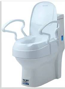 lot 9257 image: Raised Toilet Seat with Handles, Adjustable Height, Add 5.5 inches,Elongated Toilet Seat Risers for Seniors,Non-Slip Removable Padded Arms, 300lbs, Fit Any Toilet, White