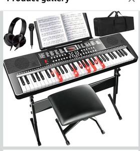 lot 9290 image: AQNIEGEP 61 Key Electric Keyboard Piano for Beginners wLight-Up Keys, Christmas Gifts, Full Set Stand, Bench, Headphones, Padded Bag, Note Stickers, 70 Demos, 200 RhythmsTones, LED Display