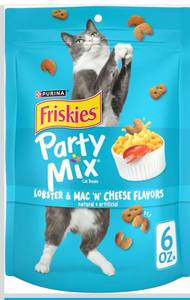 lot 9309 image: Purina Friskies Cat Treats, Party Mix Lobster & Mac N Cheese Flavors - (Pack of 3) 6 oz. Pouches