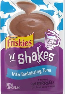 lot 9311 image: Purina Friskies Pureed Cat Food Topper, Lil&nbspShakes With Tantalizing Tuna Lickable Cat Treats - (Pack of 11) 1.55 oz. Pouches