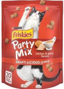 lot 9313 image: Purina Friskies Cat Treats, Party Mix Gravy-licious Crunch Chicken and Gravy Flavors - 2.1 oz. Pouch 3pack