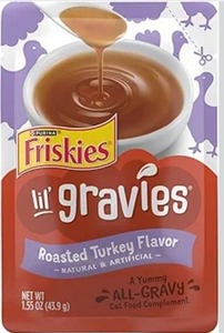 lot 9314 image: Purina Friskies Lil Gravies Roasted Turkey Flavor Cat Food Lickable Cat Treats - (Pack of 8) 1.55 oz. Pouches