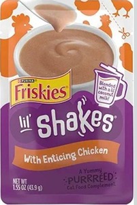 lot 9317 image: Purina Friskies Pureed Cat Food Topper, Lil&nbspShakes With Enticing Chicken Lickable Cat Treats - (Pack&nbspof 8) 1.55 oz. Pouches